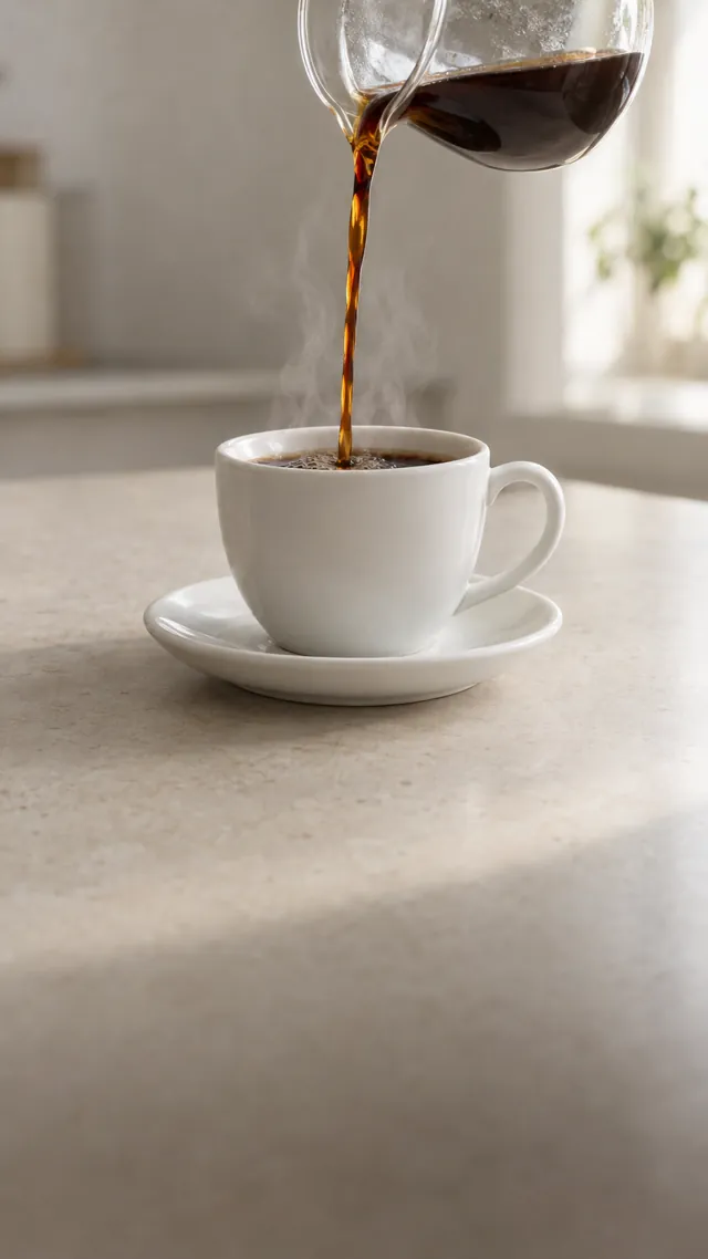 Filter coffee pouring from a glass carafe into a white cup