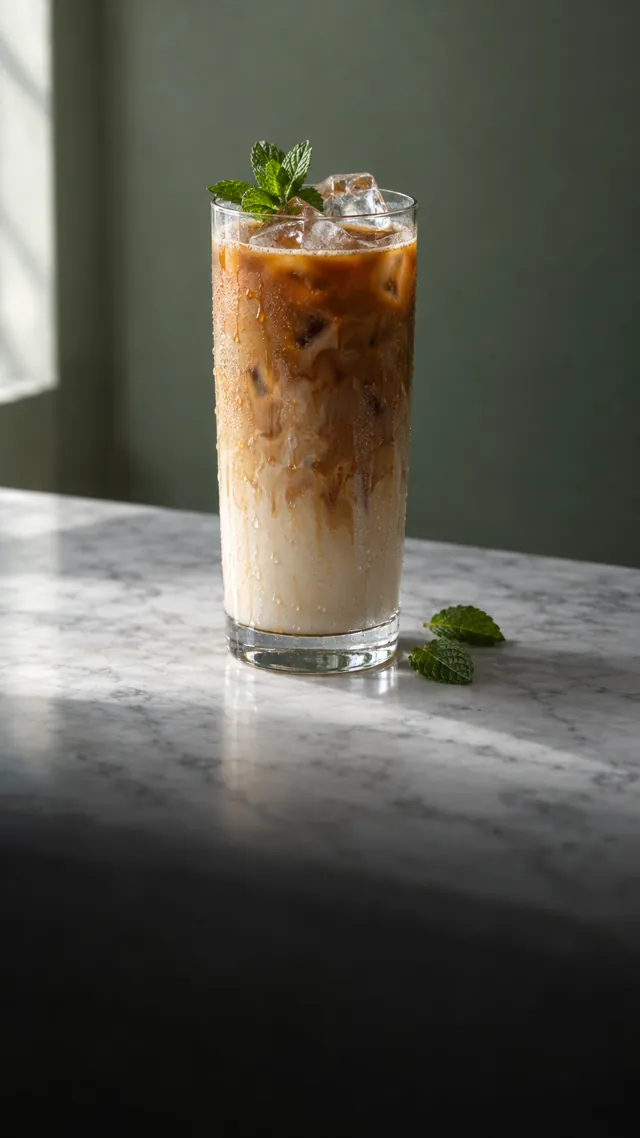 A tall iced coffee with fresh mint on marble