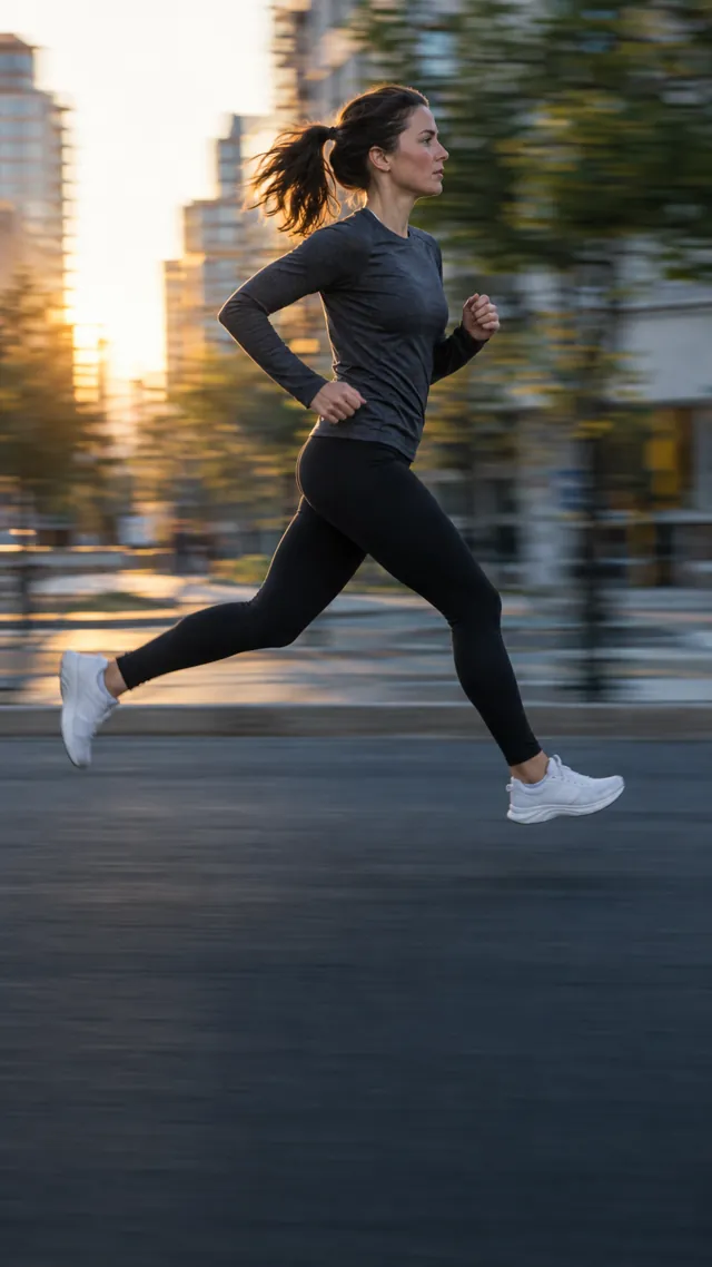 A runner mid-stride on a city street at dawn