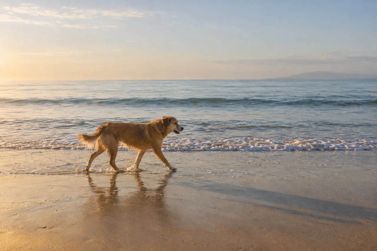 A dog walking along the waterline at sunrise