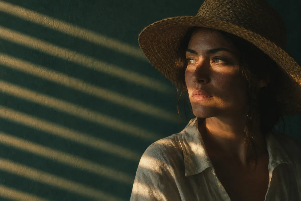 Portrait of a woman in a straw hat with slatted light across her face